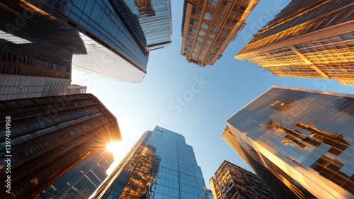 Obraz na płótnie Voxelated Skyscrapers Reach Towards Blue Sky with Golden Sunlight in a Detailed Low Angle Cityscape Digital Abstract Architecture w salonie