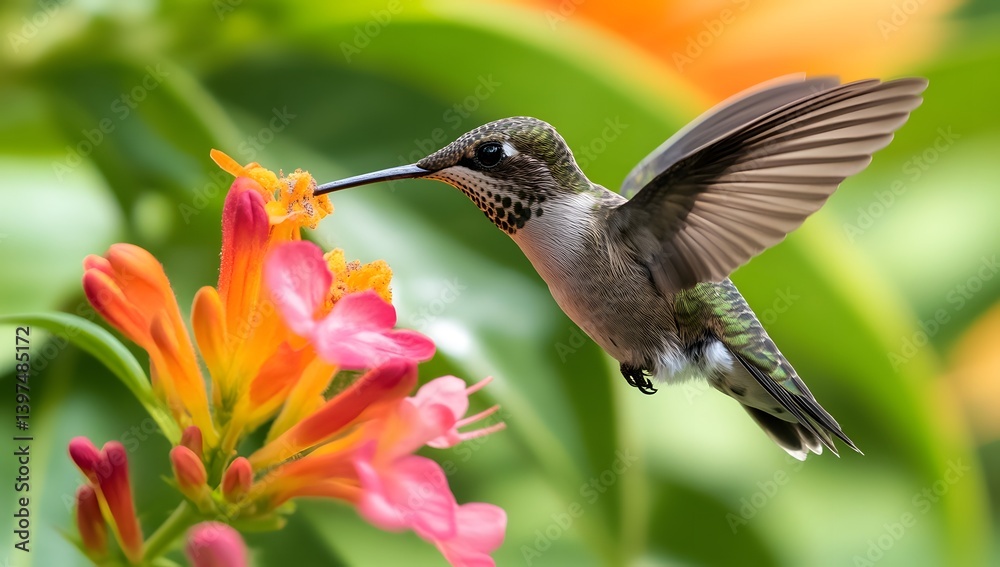 Naklejka premium Hummingbird feeding on orange and pink honeysuckle flowers in a natural setting.