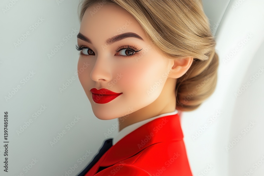 Elegant woman with red lips and stylish attire poses against a light background in a modern indoor setting Elegant woman with red lips and stylish attire poses against a light background in a modern indoor setting
