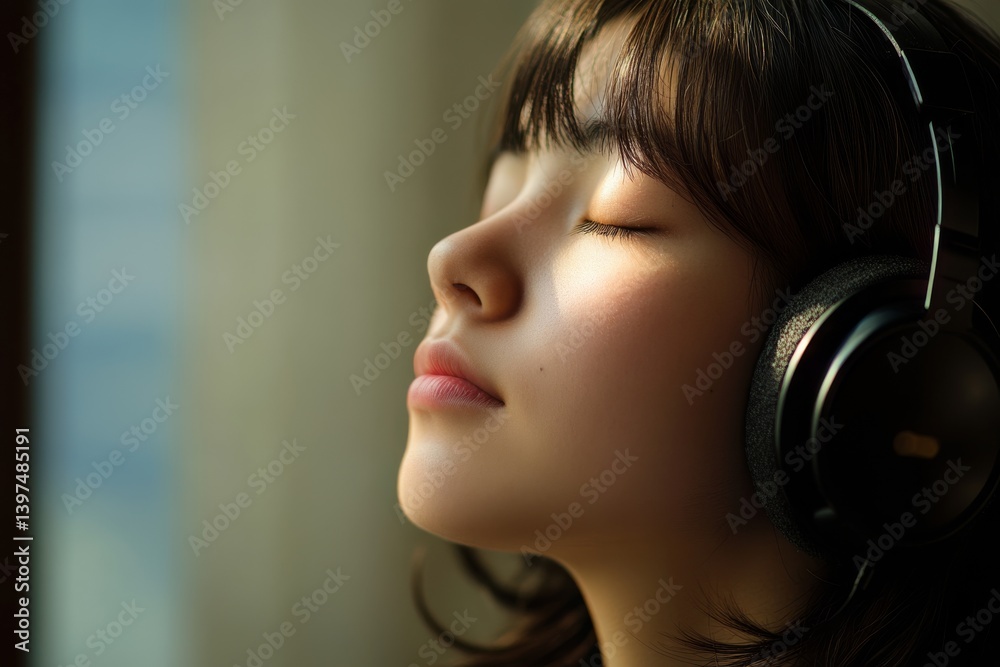 A serene woman, eyes closed and wearing headphones, enjoys the warmth of sunlight and the tranquility of music.