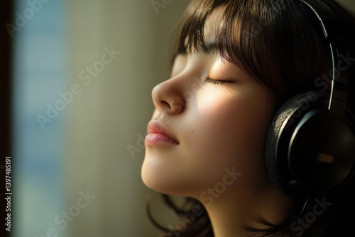 Obraz na płótnie A serene woman, eyes closed and wearing headphones, enjoys the warmth of sunlight and the tranquility of music. w salonie