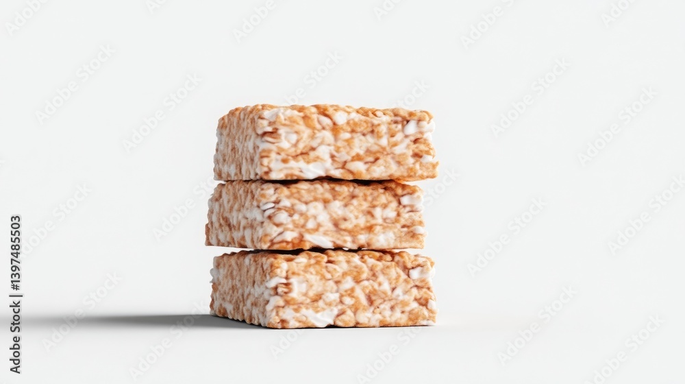 Three crispy rice cereal bars stacked neatly on a clean white surface, showcasing texture and simplicity, and perfect for a healthy snack concept. Three crispy rice cereal bars stacked neatly on a clean white surface, showcasing texture and simplicity, and perfect for a healthy snack concept.