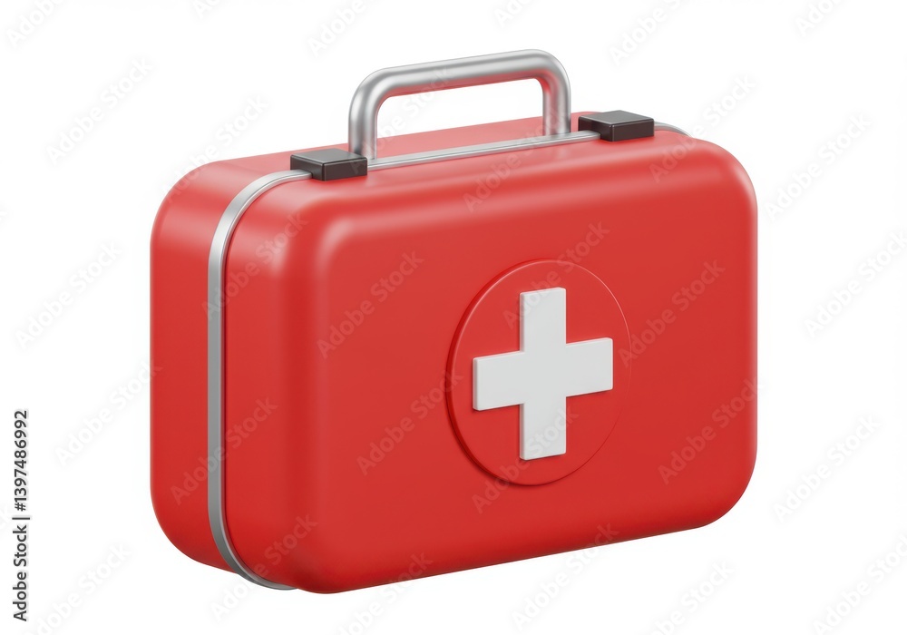 Red first aid kit with white cross on white ground Red first aid kit with white cross on white ground