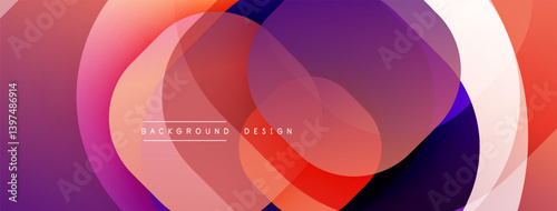 Abstract layered shapes create vibrant gradient composition. Overlapping circles form dynamic visual flow, blending purple, orange, pink hues. Modern design element.