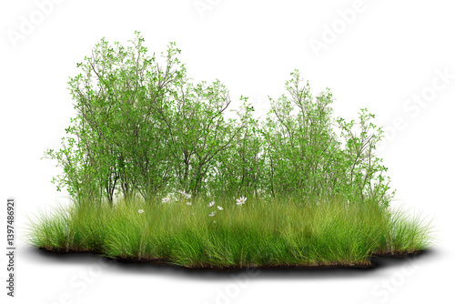 Lush green shrubs and foliage growing naturally among tall grass.