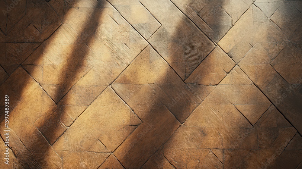 Warm Brown Wooden Parquet Floor with Diagonal Pattern and Sunlight Shadows
