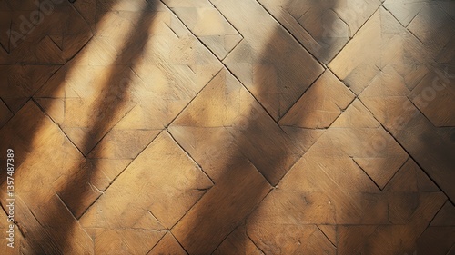 Warm Brown Wooden Parquet Floor with Diagonal Pattern and Sunlight Shadows