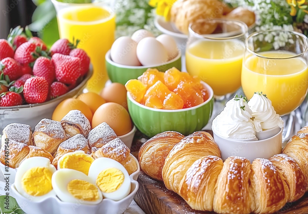 Delicious breakfast spread with croissants, eggs, juice, and fresh fruits Delicious breakfast spread with croissants, eggs, juice, and fresh fruits