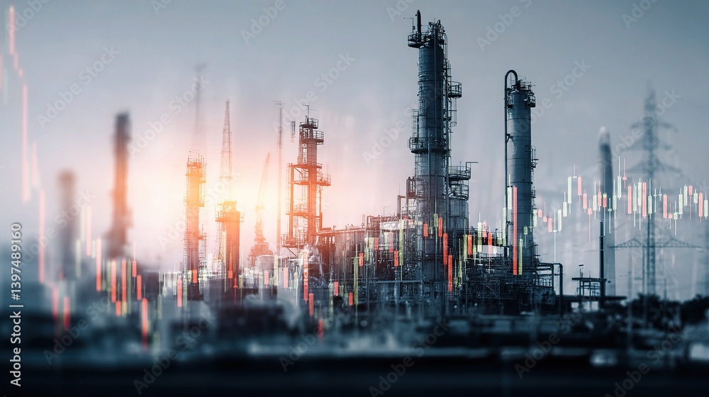 Obraz premium Double Exposure of Oil Refinery Plant with Abstract Data Overlay