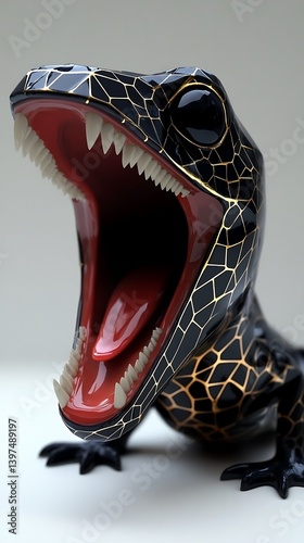 Close-up of a 3D rendered black and gold geometric lizard with open mouth and sharp teeth