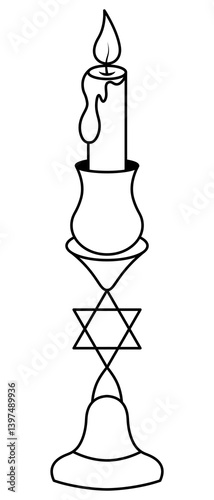 Candle in a candlestick on a high stand. The candlestick is decorated with the Star of David. Sketch. Vector illustration. Outline on an isolated background. Coloring for children. A drop of wax flows