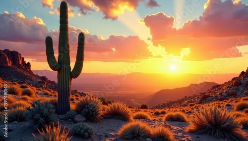 Golden light bathes lone cactus; desert brush strokes at day's end, graphic, photo