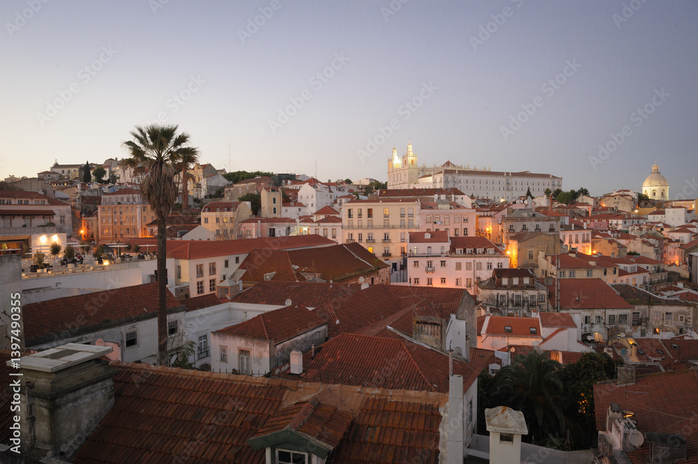 Lisbon City View with Palm Tree at Dusk - Alfama.