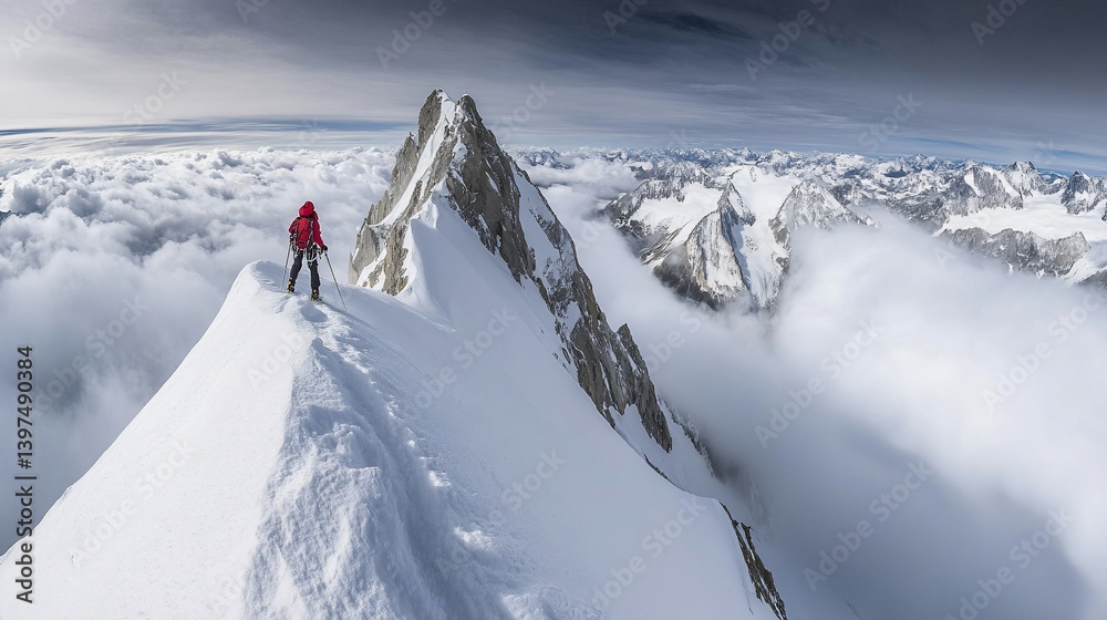 Climber atop snowy mountain peak. Vast alpine panorama