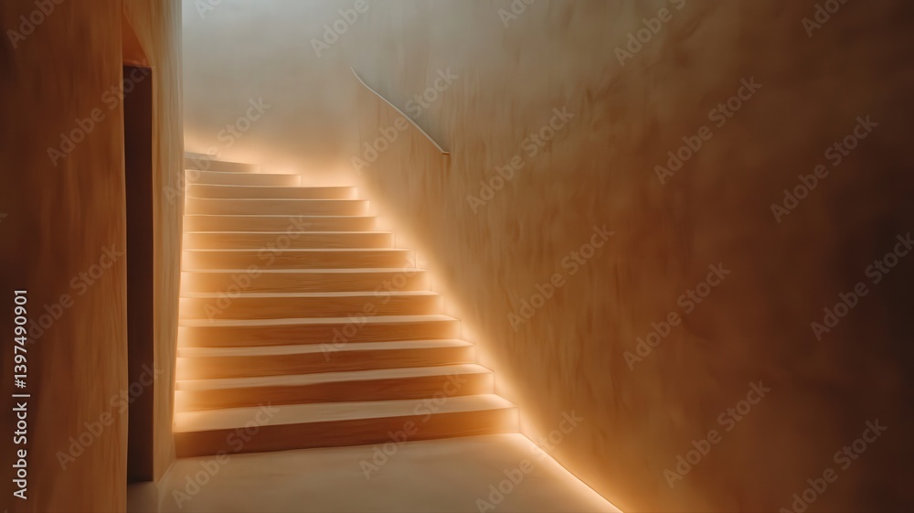 Warm-Lit Beige Staircase Interior with Soft Lighting