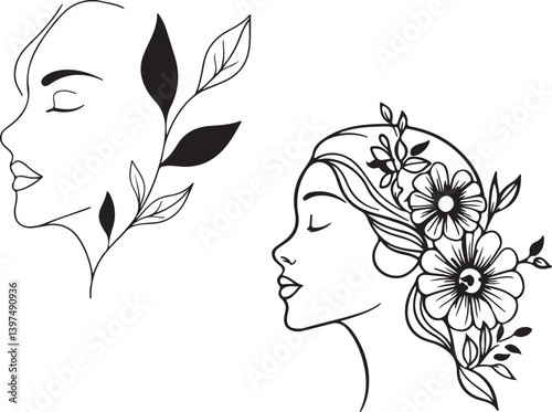Glamourous lady with floral hair, a beauty in profile