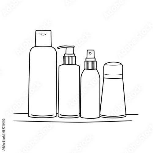 Outline Drawing Of Cosmetic Bottles On A Shelf For Beauty And Healthcare