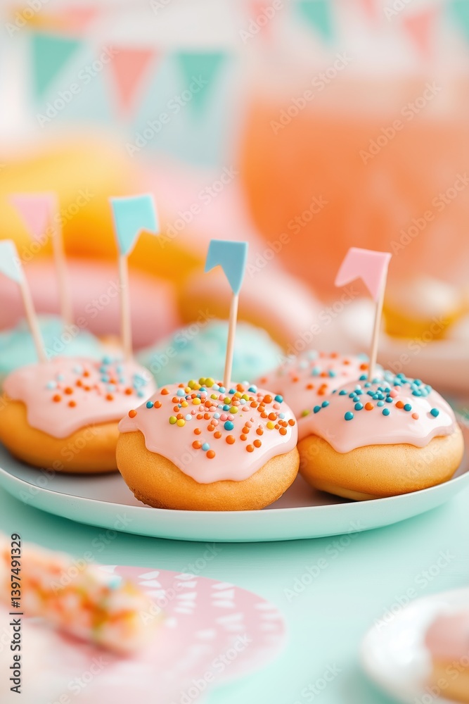 Festive thematic snacks, decorated donuts with pink icing and colorful sprinkles, party setting Festive thematic snacks, decorated donuts with pink icing and colorful sprinkles, party setting
