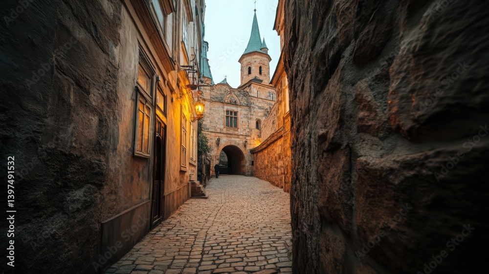 Warm-Lit Cobblestone Alleyway in Medieval Town at Twilight