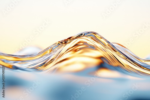 Glossy gold and blue liquid forming wave shape with surface tension and reflective detail showcasing abstract water form and elegant fluid motion design concept