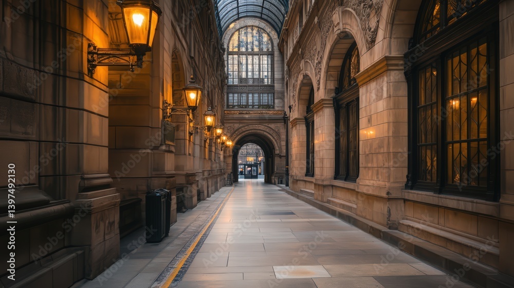 Warm-Lit Stone Alleyway with Arched Entrances at Dusk