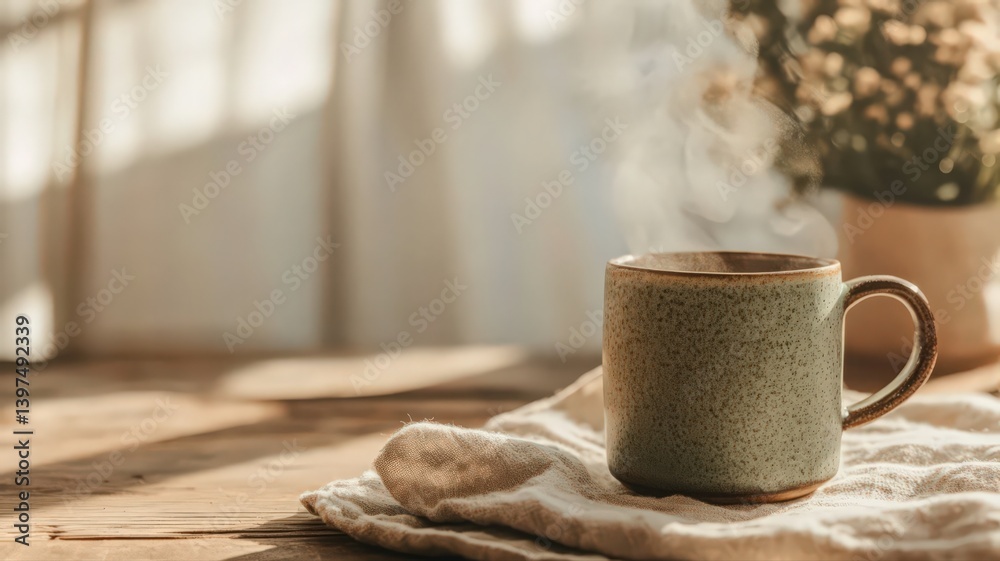 Warm Morning Light on a Rustic Table with a Steaming Mug