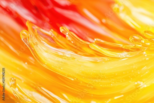 Vivid closeup of vibrant orange and yellow fluid paint streak with soft texture and dynamic brush stroke movement forming abstract artistic composition