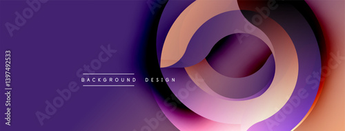 Abstract design features layered circles, gradient hues. Purple dominates, blending into orange, pink. Modern aesthetic, smooth transitions create dynamic visual impact.