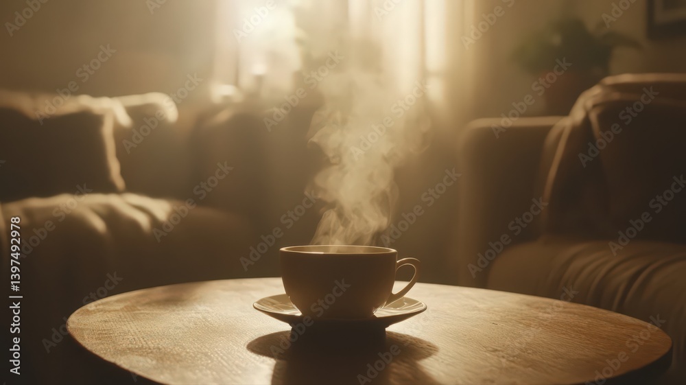 Warm Steam Rising From Teacup on Wooden Table in Softly Lit Living Room