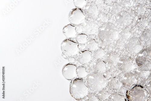 Cluster of transparent soap bubbles forming layered pattern with soft reflections and rounded shapes under bright lighting on white clean background in close detail