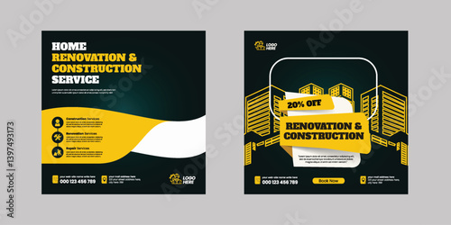 set of editable social media post, banner, promotional ad templates for Construction renovation Handyman home repair web banner and social media square flyer or poster design