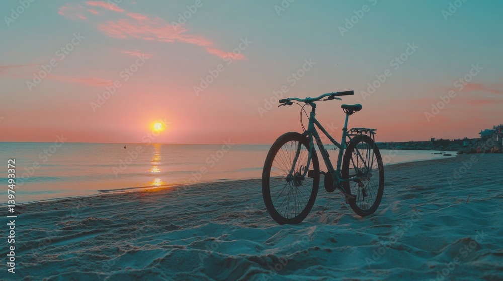 Fototapeta premium Bicycle on sandy sea coast against backdrop of pink idyllic sunset. Active vacation time