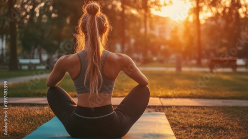 Concentrated alone fitness slim young woman doing stretching and yoga exercises on mat in park at sunset, wellbeing and healthy sportive lifestyle
