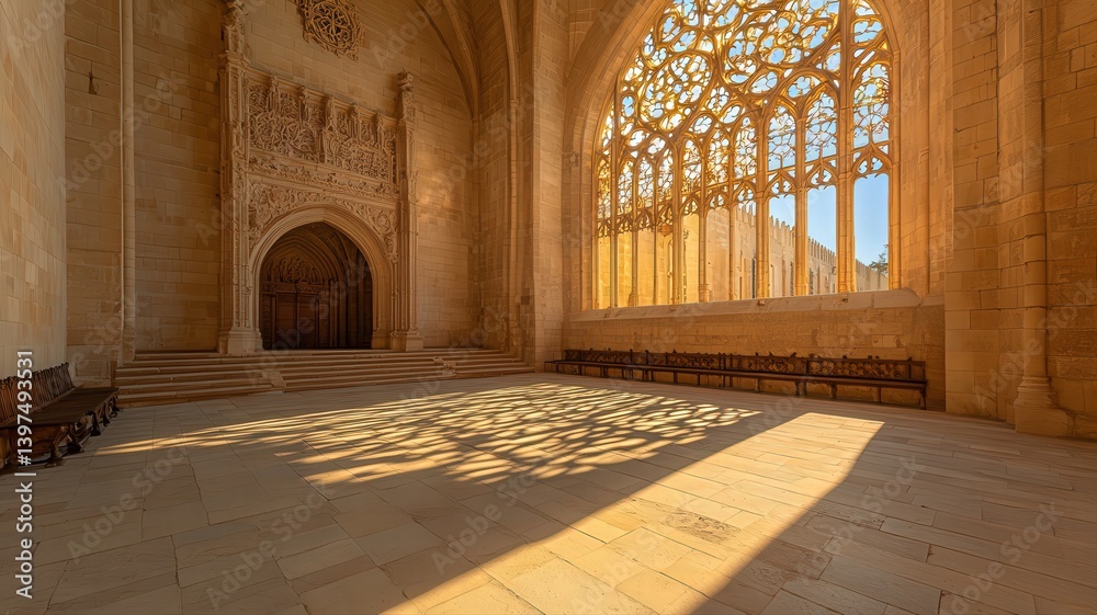 Warm Sunlight Illuminates the Intricate Stone Carvings and Grand Architecture in a Cathedral Interior Casting Shadows on the Floor in Golden Light