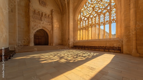 Obraz na płótnie Warm Sunlight Illuminates the Intricate Stone Carvings and Grand Architecture in a Cathedral Interior Casting Shadows on the Floor in Golden Light w salonie