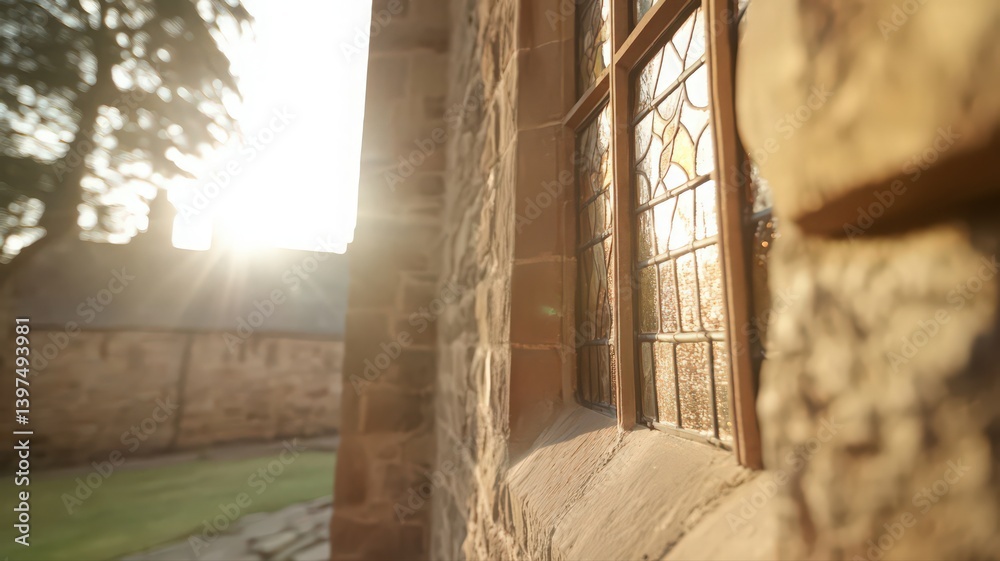 Warm Sunlight Shining Through Stained Glass Window on Stone Building with Textured Walls on Sunny Day