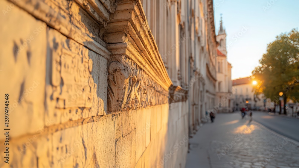 Warm Sunset Light on Textured Stone Wall in European City