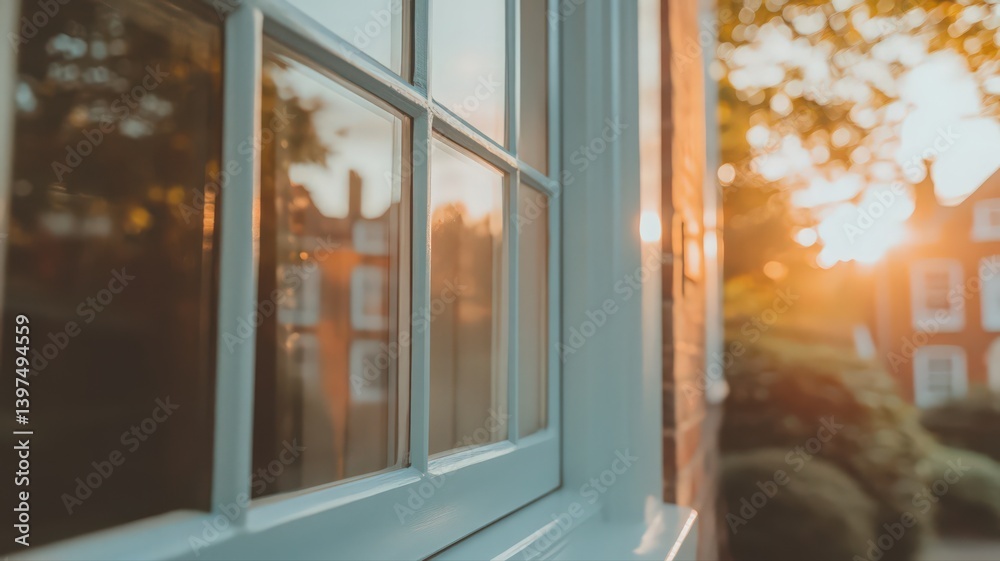 Warm Sunset Light on a Blue Window Reflecting a Building