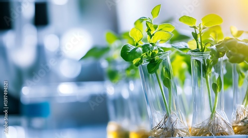 Fresh green seedlings growing in test tubes in a modern laboratory setting, showcasing scientific research and innovation in plant biology with a soft focus background