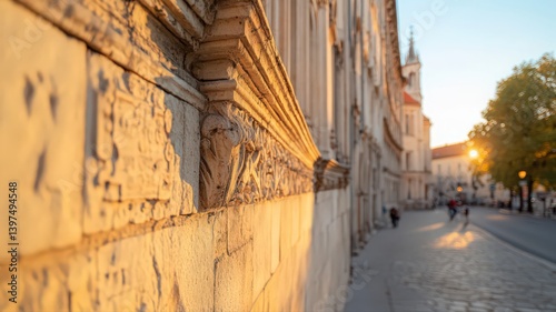 Obraz na płótnie Warm Sunset Light on Textured Stone Wall in European City w salonie