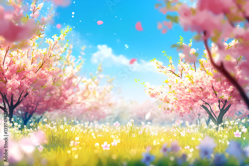 Beautiful blurred spring background nature with blooming glade, trees and blue sky on a sunny day. 