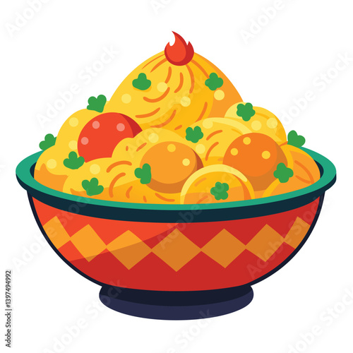 A bowl of biryani with chicken pieces vector design, white background