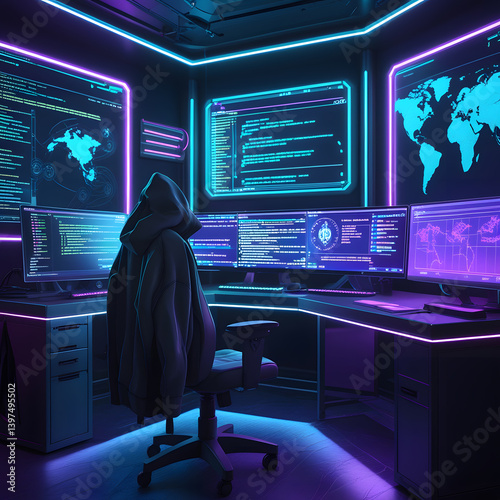 Step into a high-tech hacker workspace designed for cinematic projects, digital content creation, and futuristic design needs. This realistic hacker scene features a dark and moody environment,