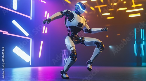 Futuristic humanoid robot dancing in a vibrant, illuminated environment with colorful lights streaming from the ceiling