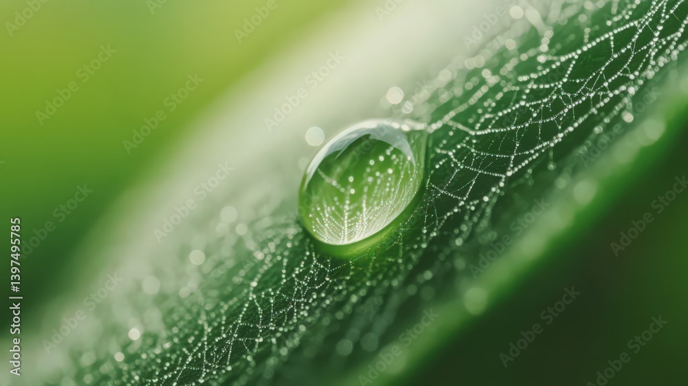 Water Droplet on Green Leaf with Spiderweb