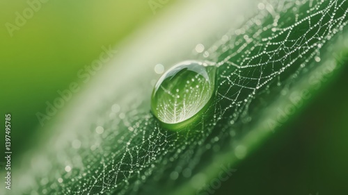 Water Droplet on Green Leaf with Spiderweb