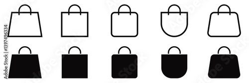 Shopping bag icon set. Outline bag symbol. Shopping illustration. Package icon in line. Shop bag in outline. Stock vector illustration. 