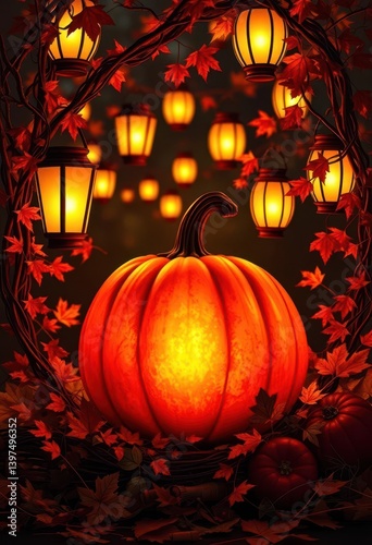 Glowing pumpkin encircled by lanterns, autumn leaves & vines, magical, cozy