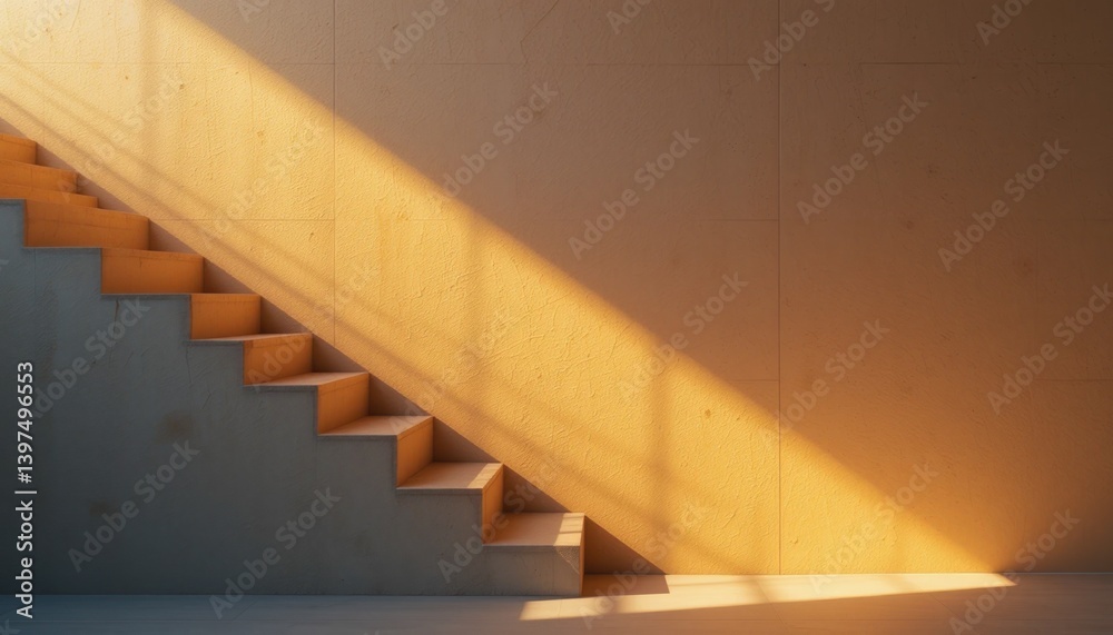 Obraz premium Sunlight illuminating modern staircase design contemporary interior architectural photography minimalist environment angled perspective aesthetic harmony