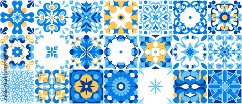 Mediterranean ceramic tiles seamless pattern. Azulejo arabesque. Portuguese, Spanish, Turkish, Indian, Islamic, Arabic decor. Geometrical and floral traditional national ornament. Vector illustration.